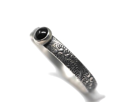 Tiny 4mm Black Onyx Ring Fern Pattern Vintage Silver by Salish Sea Inspirations - image2